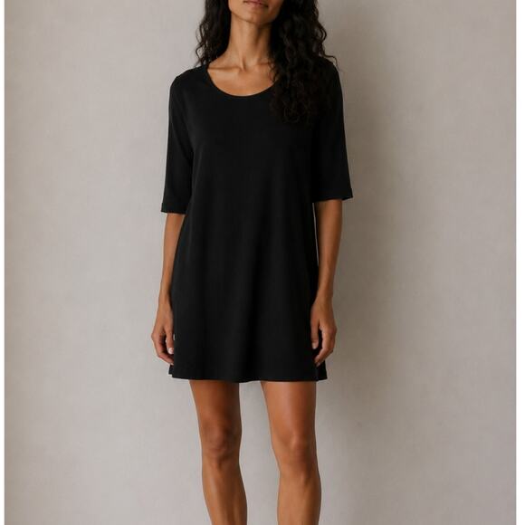 Eileen Fisher Dresses & Skirts - Eileen Fisher Tunic Mini Dress Black Stretch Jersey 3/4 Sleeve Minimalist-Medium
